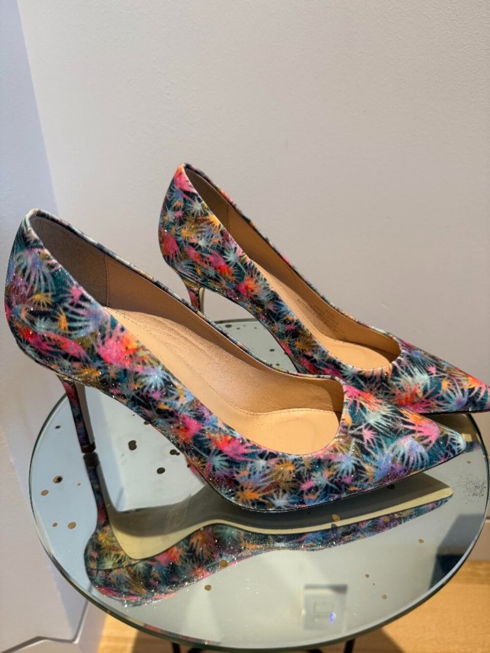J Crew sparkly fan palm multi-colored tropical shoes Sz 7.5
